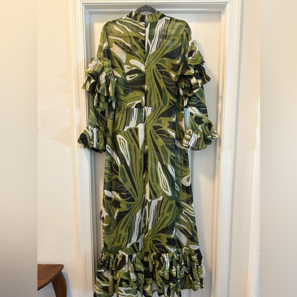 Women’s Green Leaf Print Ruffle Maxi Dress - Picture 3 of 3